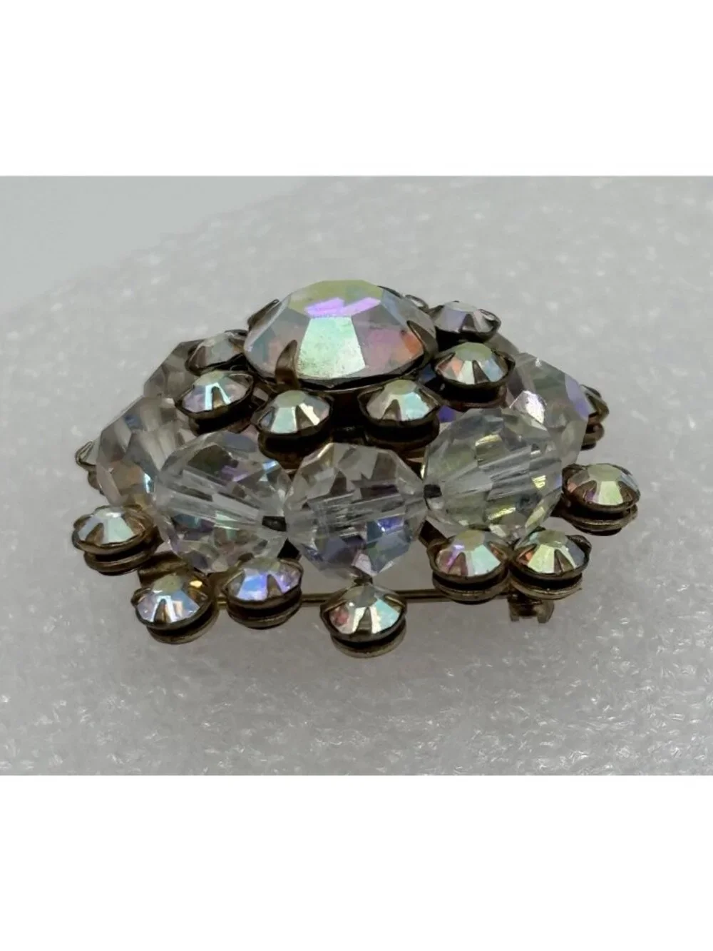 Vintage Domed Crystal Aurora Borealis Starburst Brooch Open Back Frame, Unsigned